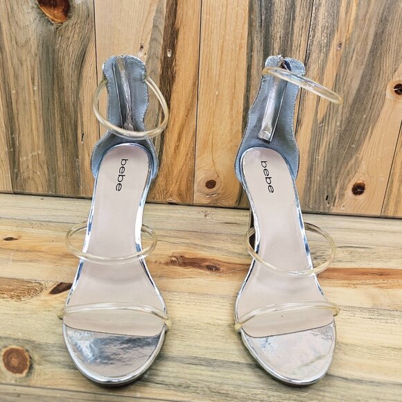 Bebe Berdine Metallic Silver Clear Ankle Strap Stiletto Heel Size 11 - Picture 3 of 6